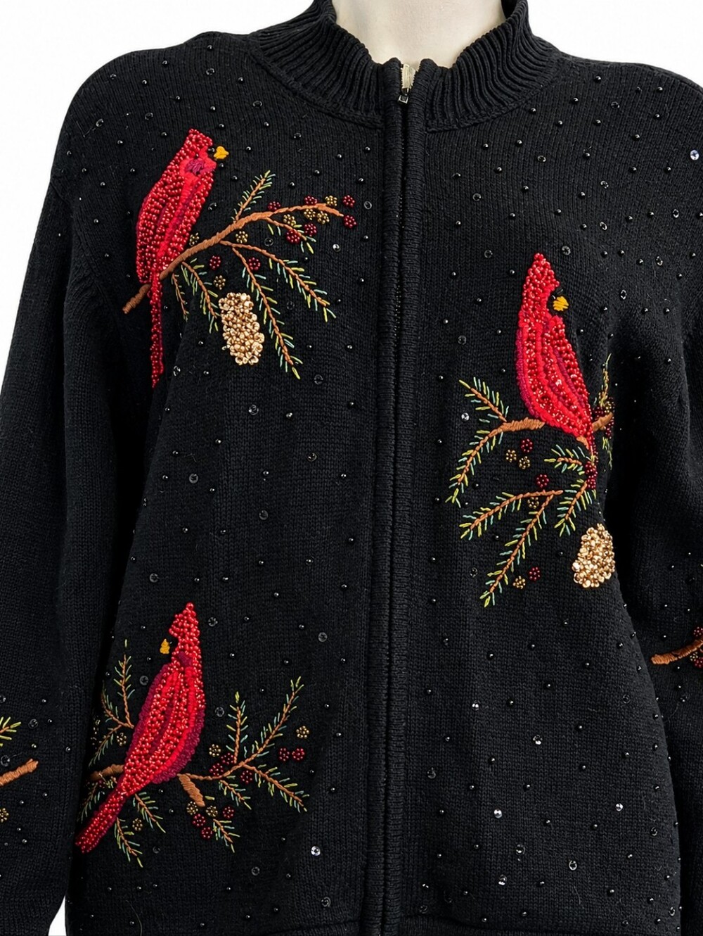 Vintage Cardinal Bird Christmas Sweater Black Embroidered Cottagecore Holiday